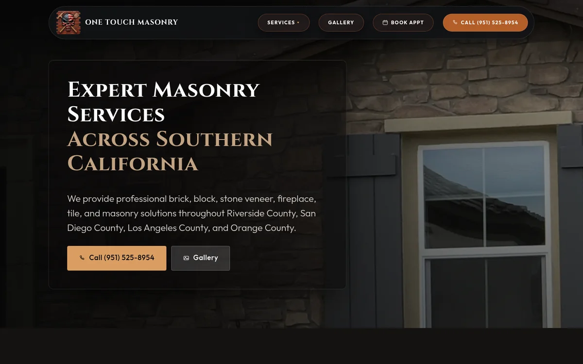 The rebuilt One Touch Masonry homepage, with its brick-panel logo, a stone facade behind a frosted headline panel, and call and gallery buttons.