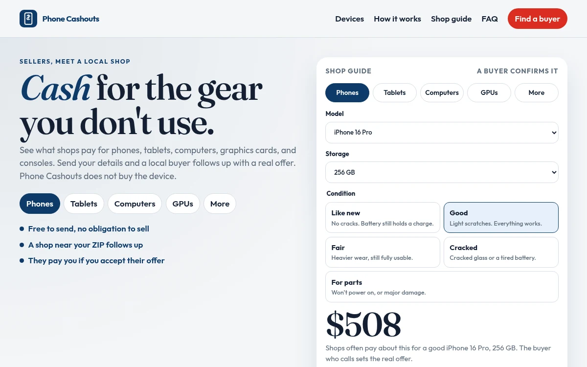 The Phone Cashouts homepage, with its blue-and-white design, device categories, and an interactive guide showing model, storage, condition, and an estimated price.